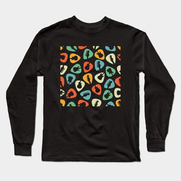 Guitar Pick Seamless Pattern Guitar Silhouette Retro Theme Long Sleeve T-Shirt by nightsworthy